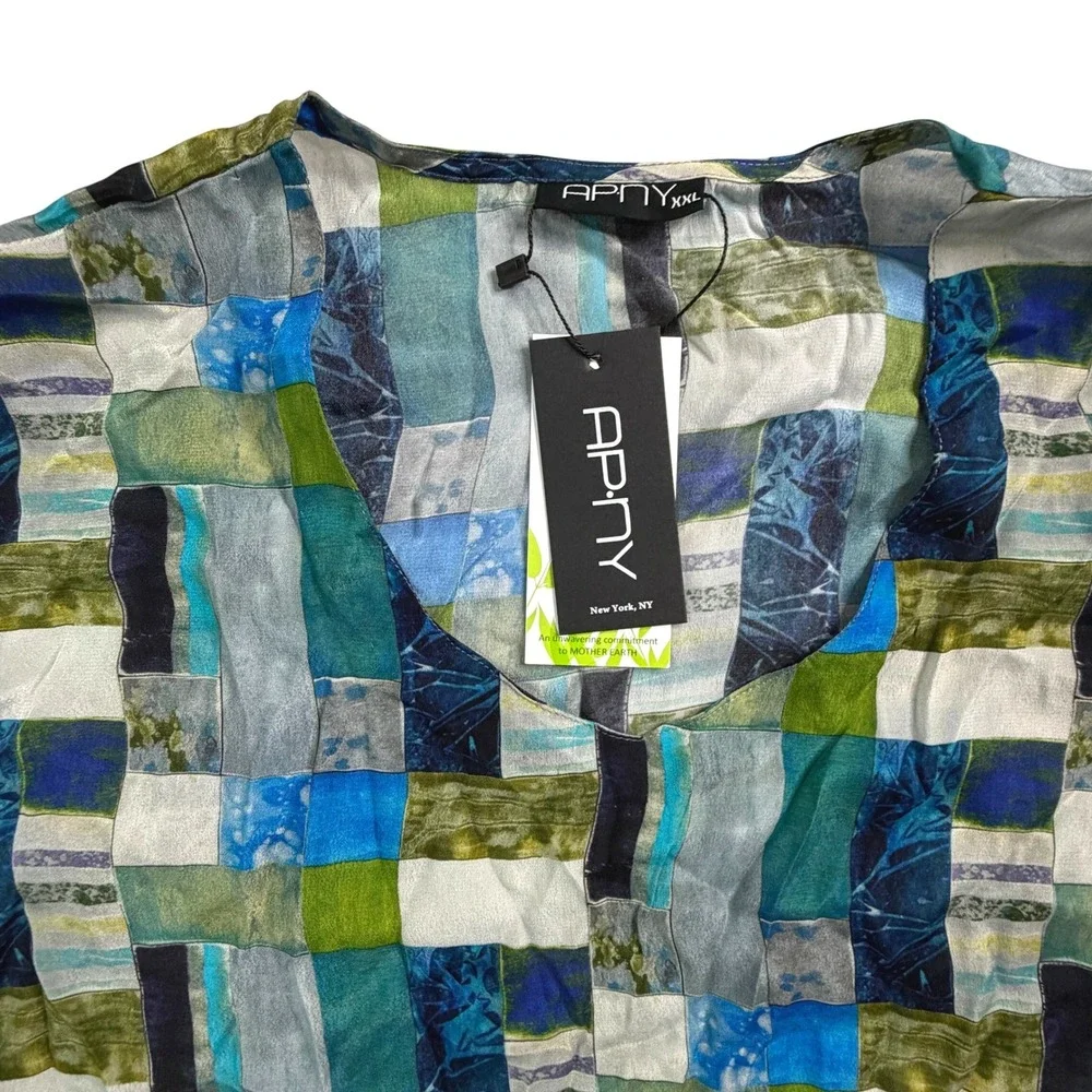 NWT APNY XXL Blue Green Mix Print V Neck Top 3/4 Sleeve Cupro Viscose - Picture 2 of 9